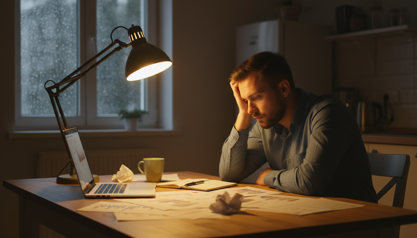 Container company owner working late on quote requests at home