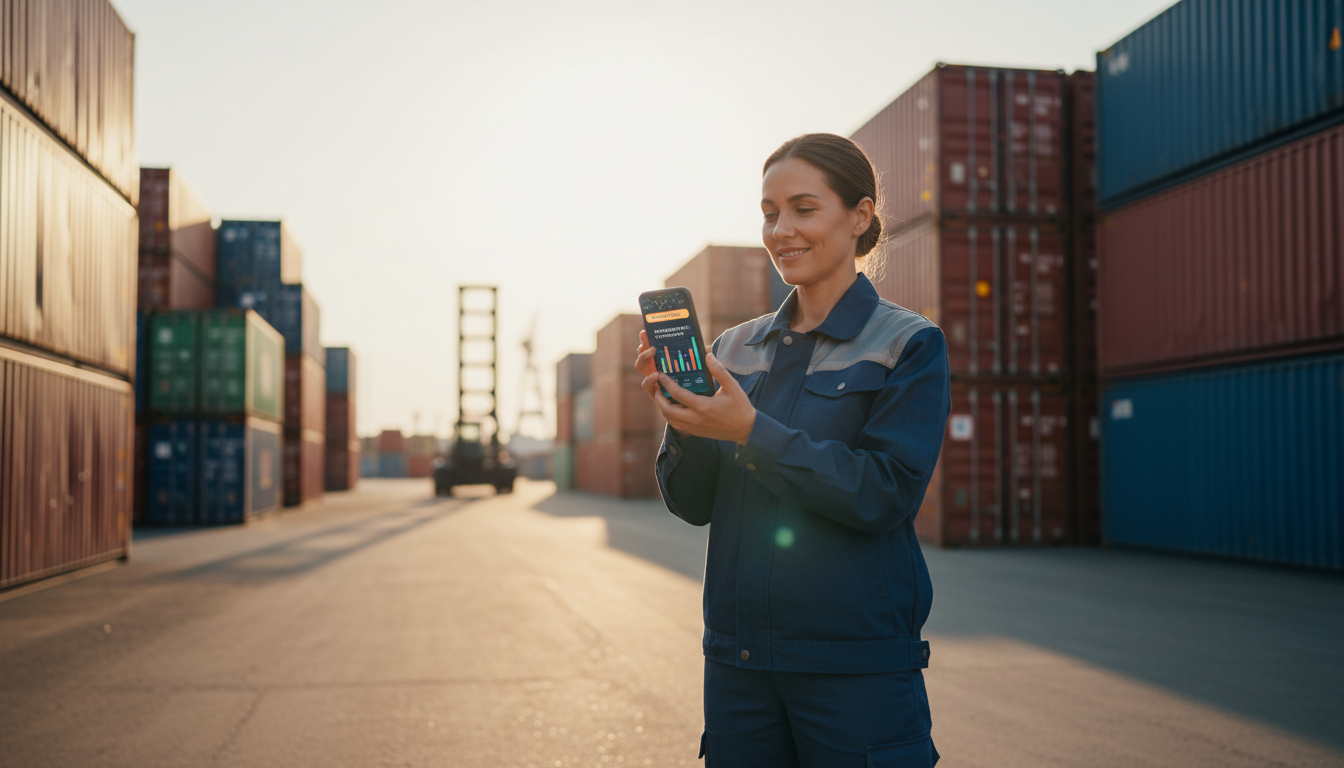 Container company owner reviewing an AI-generated quote summary on a phone