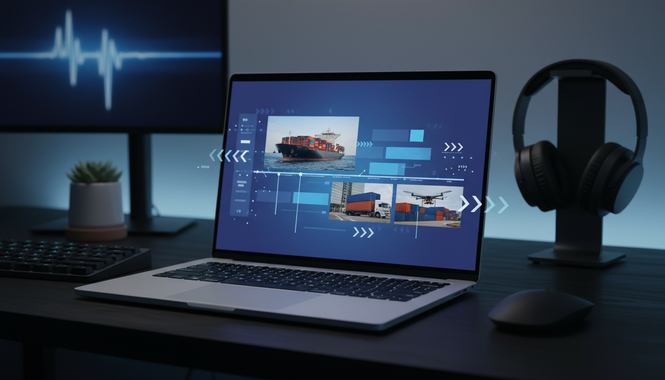 Video editing software combining real container footage with AI-generated overlays