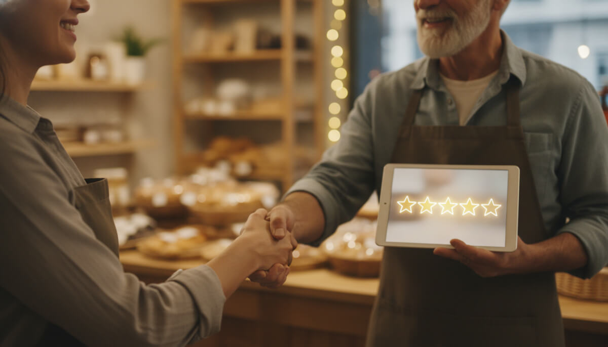 Happy customer whose review helps a local business get recommended by AI